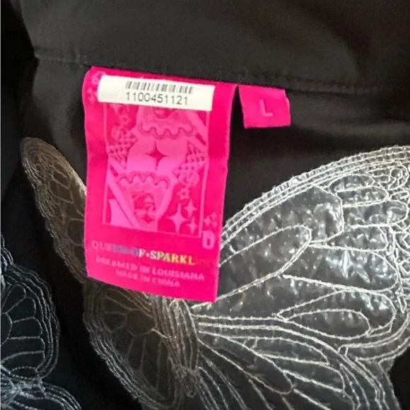 EUC Queen of Sparkle sequin scattered butterfly black puff sleeve dress sz Large - Picture 4 of 4